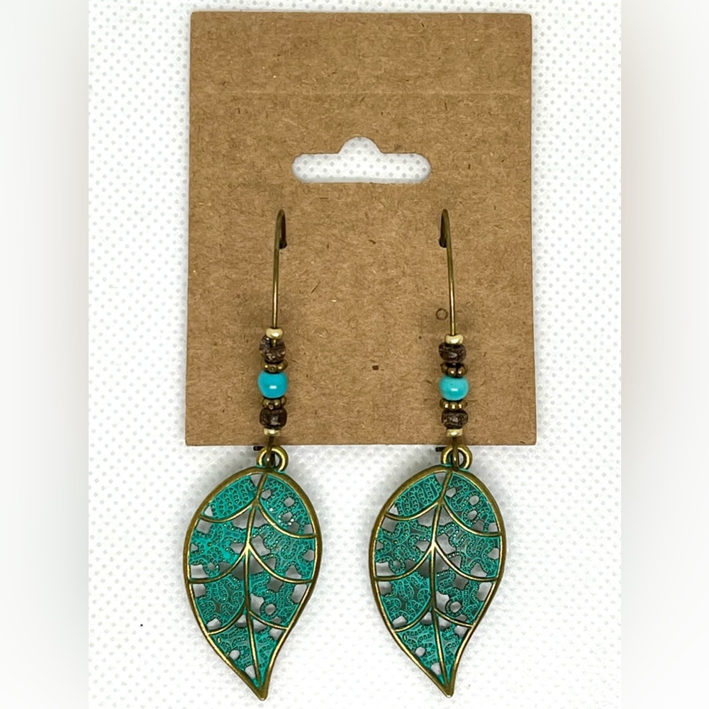 Leaf Design Earrings in antique gold and green patina
